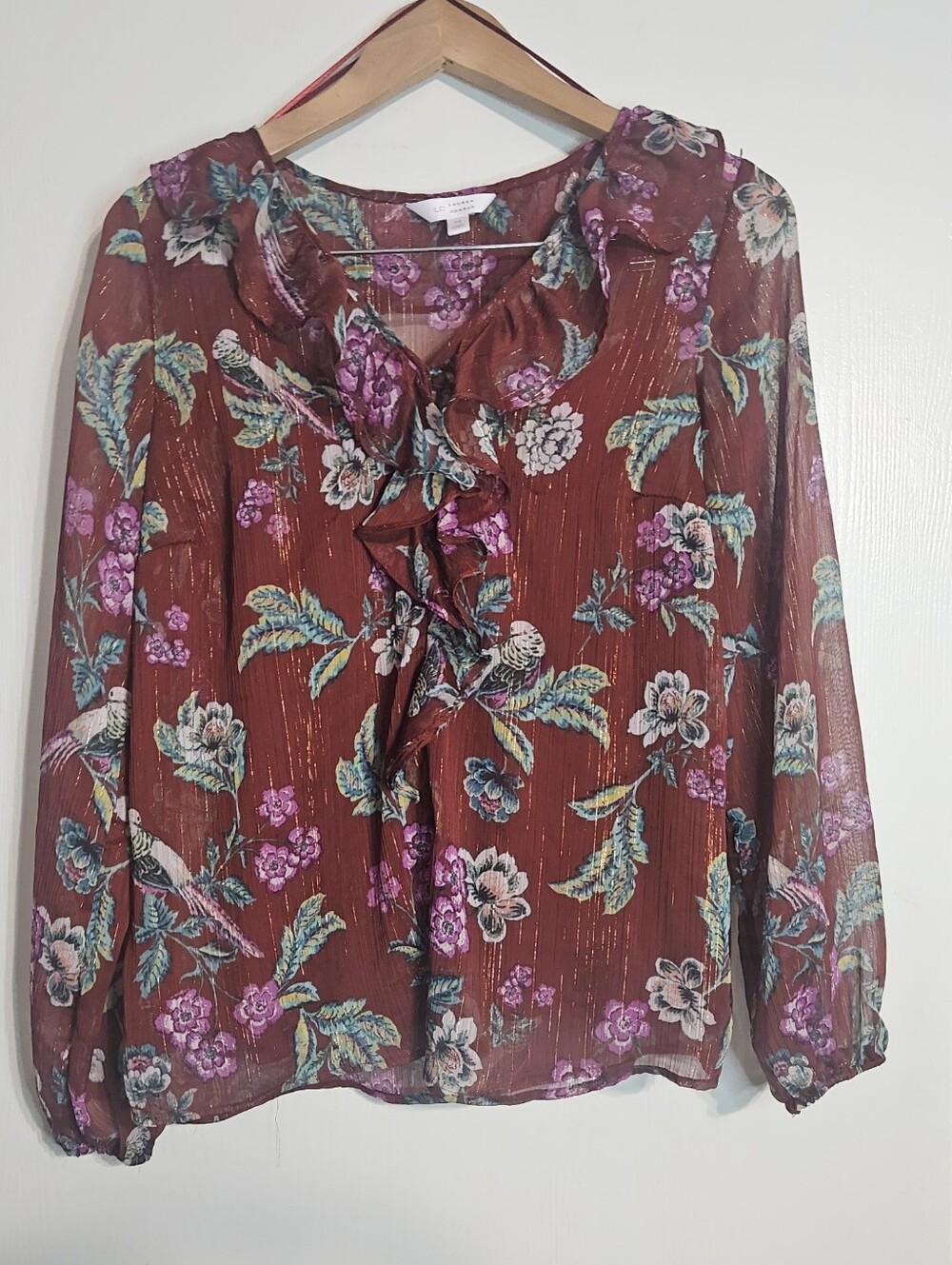Floral Ruffle V-Neck Long Sleeve Blouse - Burgundy